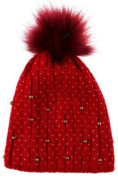 T-Box Ponponlu Boncuk İşlemeli Kırmızı Örgü Bere(126441605)